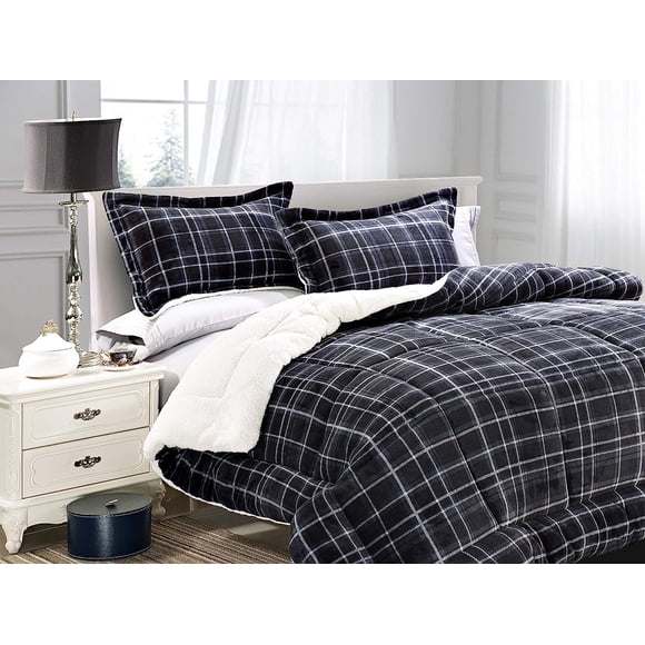 Mocassi 3-Piece Plaid Pattern Comforter Set - Soft and Plush Micromink Sherpa Backing, Bedding with Matching Shams, Full/Queen Size, Gray