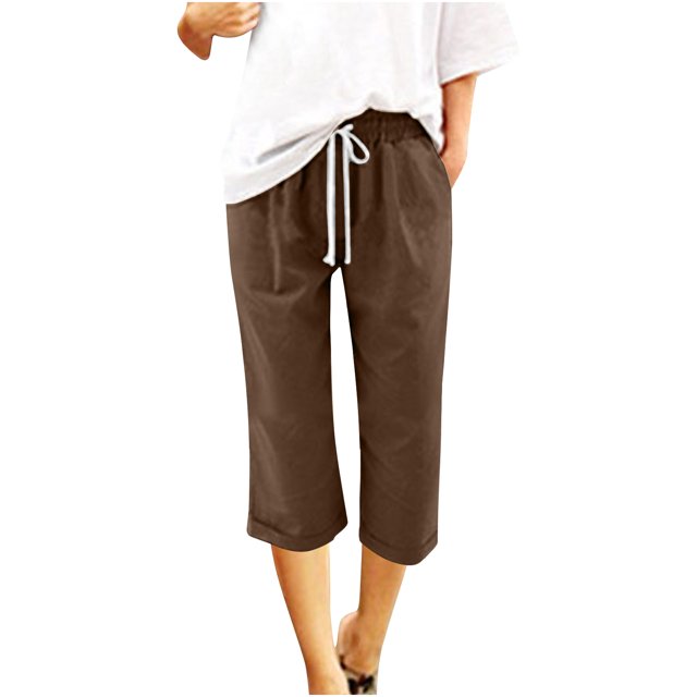Women's Summer Casual Pants - Women's Summer Solid Five Points Large Size Linen Pants Casual Pants Women's Summer Solid Large Size Linen Pants Casual Capris Brown Xl