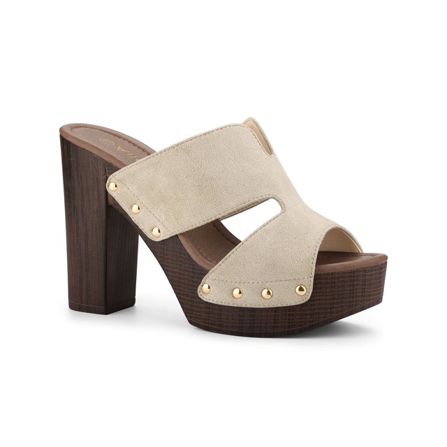 BLISSFUL STEP Women's Platform High Block Heel Slides Sandals Beige (Size 9.5)