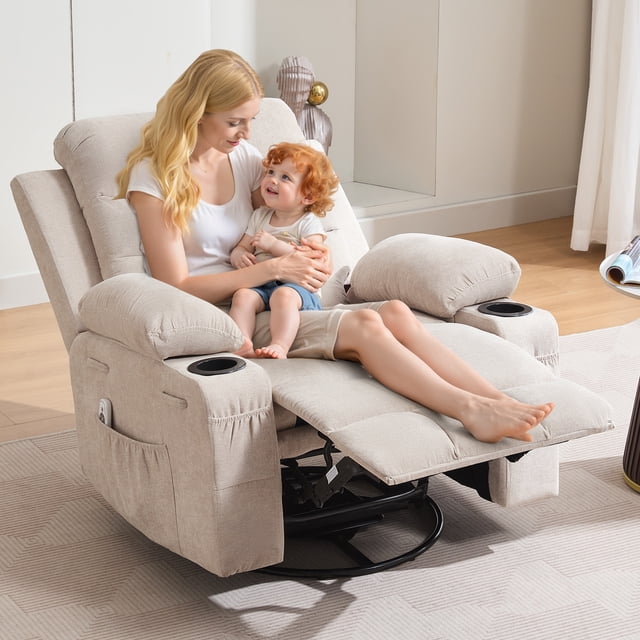 Fauteuil Inclinable Pivotant Surdimensionné avec Massage et Chaleur, Berceuse à Bascule 360° avec Inclinaison Manuelle, Porte-Gobelets et Poches de Rangement, pour Salon, Chambre de Bébé, Brun Beige Gris