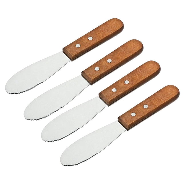 Stainless Steel Straight Edge Wide Butter Spreader Deluxe Sandwich Cream Cheese Condiment Knives Set Kitchen Tools, Wood Handle, 8” (4)