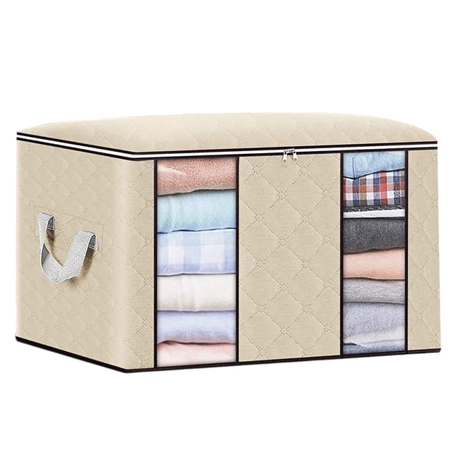TopLLC Clothes Storage Bag 90L large wardrobe sorting storage bin in beige with reinforced handles and visible windows. Made from durable 120G non-woven fabric, it features a quilted design, clear windows for easy content visibility, and a sturdy two-way zipper. Ideal for storing clothing, blankets, and comforters. Foldable and lightweight for convenient storage and portability. Dimensions: 60 x 43 x 35 cm (23.6 x 16.9 x 13.7 in).