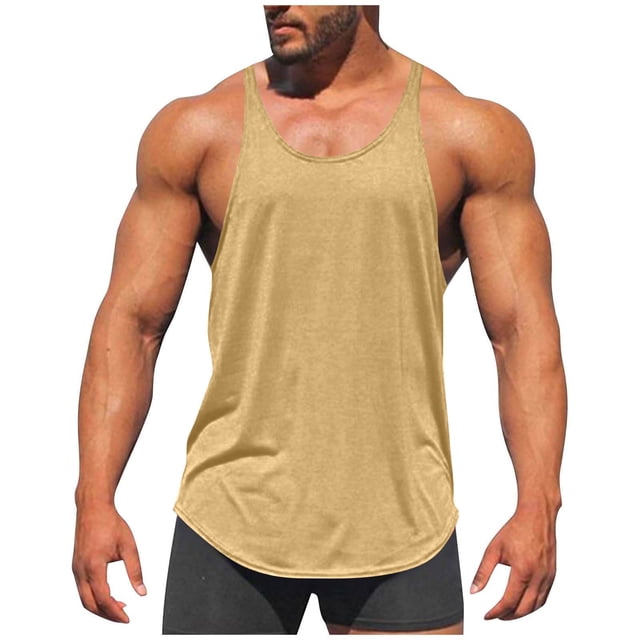Lmnyox Men's Workout Tank Tops Cotton Sleeveless Stretchy Training Muscle Tee Quick Dry Athletic Shirts. The image shows a front-facing view of a man wearing a lightweight, sleeveless tank top in a solid beige color. The tank top features a scoop neckline and a relaxed fit, designed for athletic activities. The fabric appears soft and breathable, suitable for workouts or casual wear. The background is plain white, emphasizing the product.