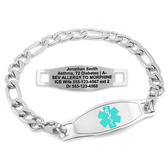 Engraved 7mm Figaro Link Medical Alert ID Bracelet by MedicEngraved® – Hypoallergenic Stainless Steel | Sleek Tag