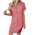 thumbnail image 4 of Robe Femme Été Décontractée Manches Retroussables Robe T-Shirt Couleur Unie Mini-Robe à Col en V, 4 of 8