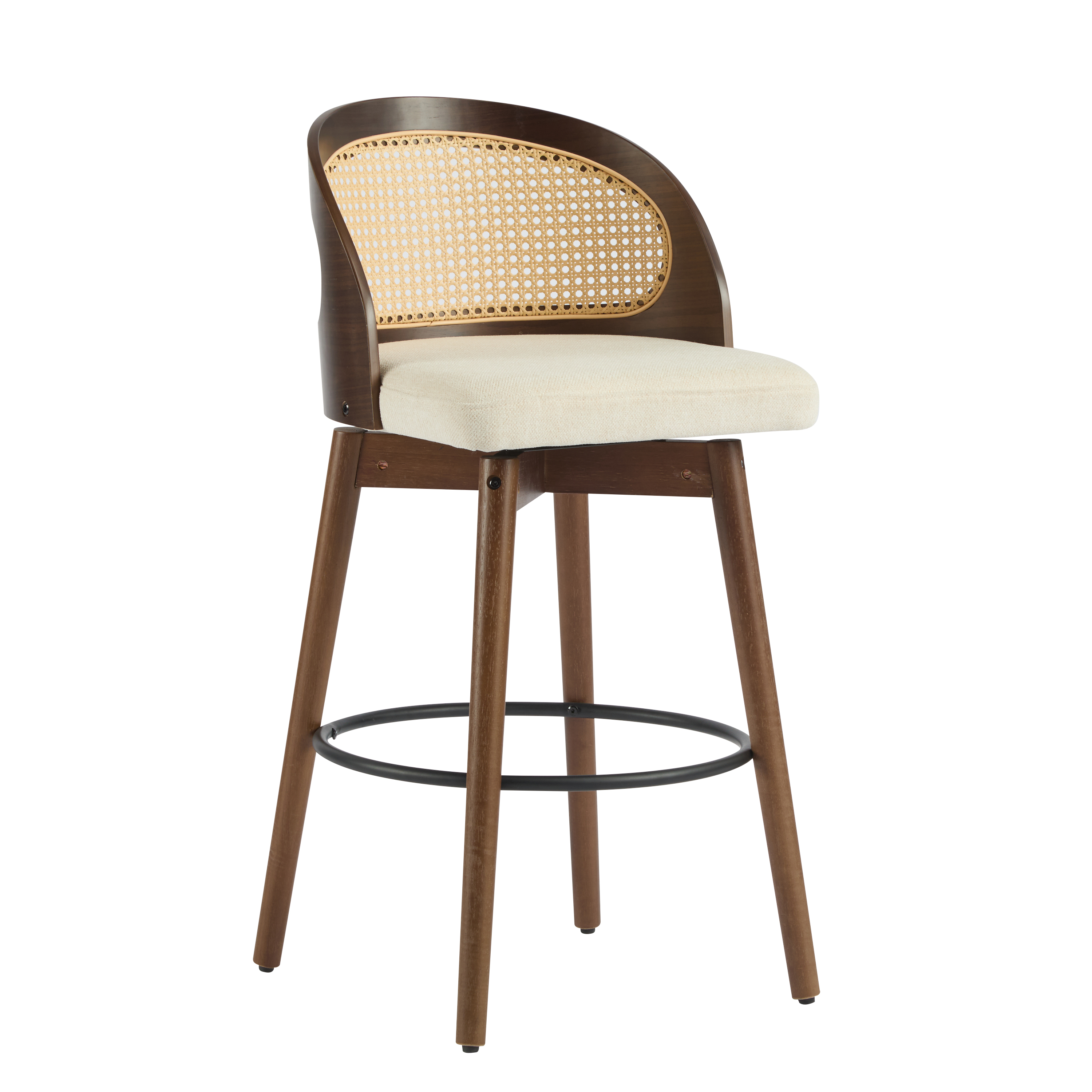 Ensemble de 4 tabourets de bar pivotants Noble House Como, dossier en rotin PE, noyer et beige