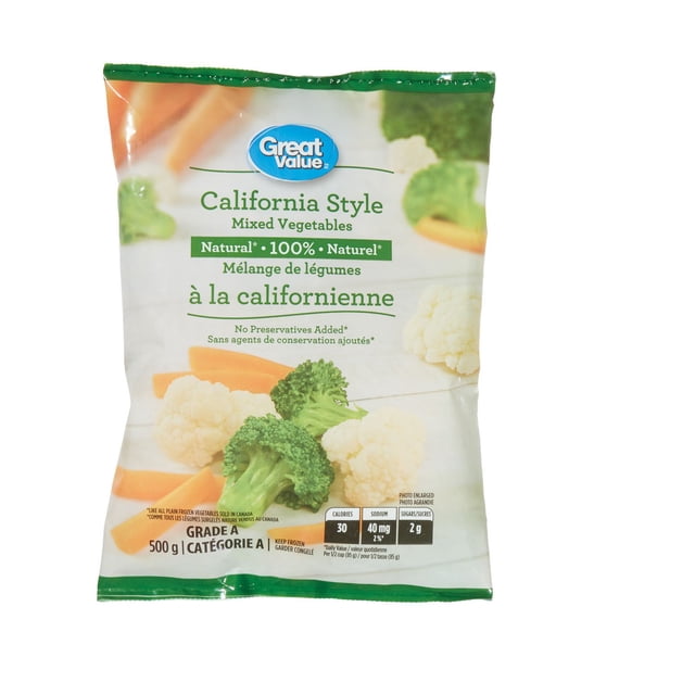 Great Value California Style Mixed Vegetables 500 g resealable bag containing broccoli, cauliflower, and carrot pieces, 100% natural with no preservatives added, suitable for use as a side dish or in soups and casseroles.
