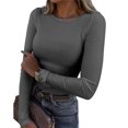 thumbnail image 2 of T-shirt Côtelé à Manches Longues Extensible à Col Ras du Cou pour Femmes Ajusté Décontracté Basique, 2 of 4