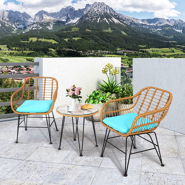 Gymax Ensemble Bistro de Patio en Rotin 3 Pcs Ensemble de Mobilier de Conversation avec Coussins Turquoise