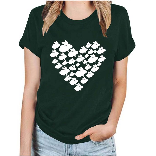RKSTN Hauts pour Femmes 2024 Été Décontracté Ample Grande Taille Imprimé Graphique Lapin de Pâques Blouse Mode Col Rond Manches Courtes T-shirt