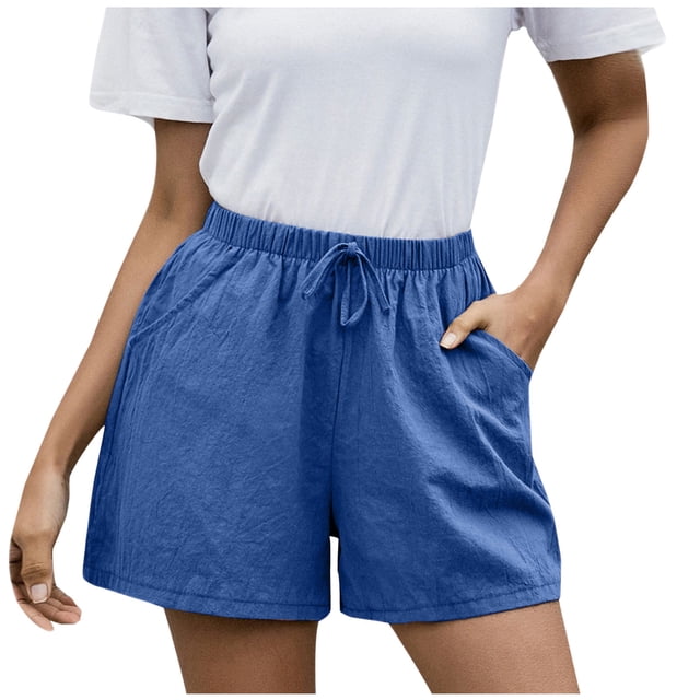 Timegard Cotton Linen Shorts for Women Elastic Waisted Drawstring Wide Leg Lounge Shorts with Pocket
