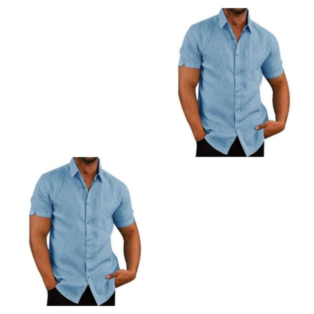 pitrice Chemise Homme à Simple Boutonnage Été Boutonnée Col Rabattu Chemises Polyester Mode Vêtements Cadeau d'Anniversaire Bleu TTG 2Set