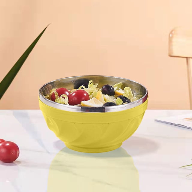 Double Layer Insulated Bowl, Stainless Steel Inner with Polypropylene Outer Temperature Retention Soup & Salad Bowl Durable Kitchenware, Yellow, JKODE