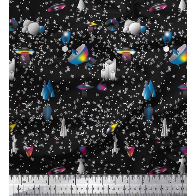 Soimoi Rayon Fabric Spaceship,Star & Satellite Cartoon Fabric Prints by Yard 56 Inch Wide