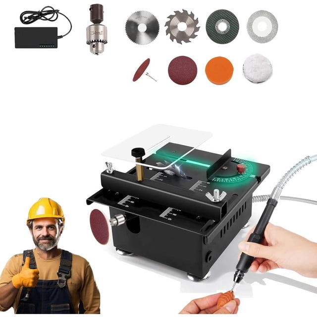 WIFKLSIIPG Mini Scie de Table Multifonctionnelle, Outil Électrique compact et portable Mesurant 180mm x 160mm x 110mm (7.1 Po x 6.3 Po x 4.3 Po). Comprend un Pare-Chocs transparent, des Pieds en Caoutchouc pour la Stabilité et un Arbre flexible pour Forets. Alimenté par un Moteur en Cuivre Pur de 100W avec des Vitesses Allant jusqu'à 8000/min et 7 Engrenages Réglables pour une Coupe Précise. Idéal pour Couper du Bois, des Plaques PCB, des tubes en Aluminium