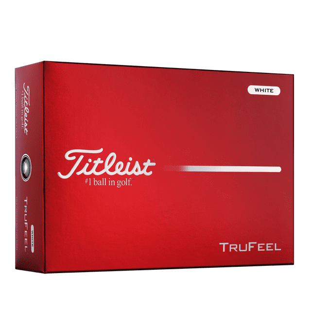 Titleist TruFeel White Golf Balls box shown angled, featuring red packaging with white Titleist logo and '#1 ball in golf' tagline, 'WHITE' label, and 'TruFeel' in silver, representing golf balls designed for soft feel, long distance, and aerodynamic dimple design.
