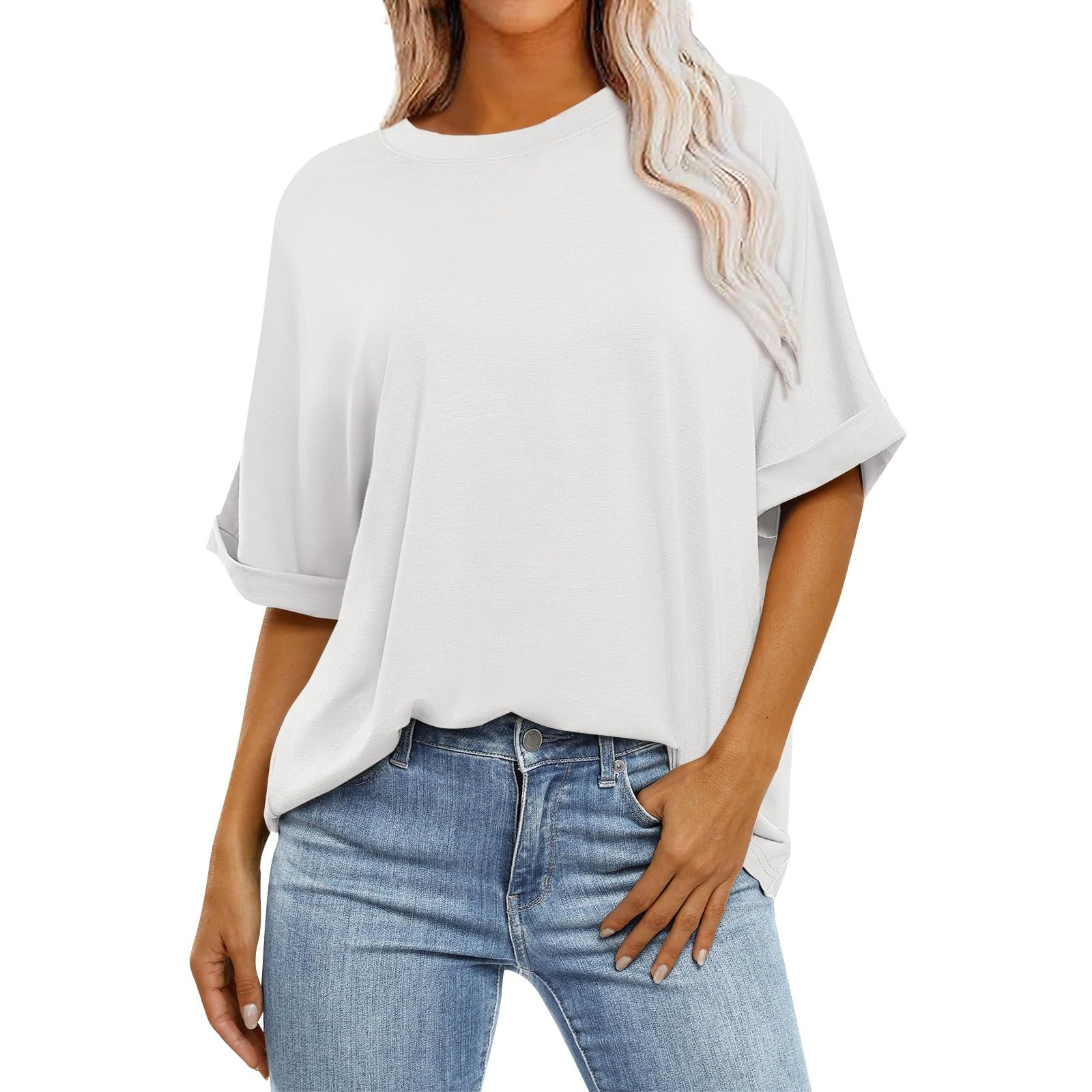 Yuyuzo T-Shirts d'Été pour Femmes à Col Rond, Manches Mi-Longues, Coupe Ample, Chemises Décontractées Unies, T-Shirts Basiques