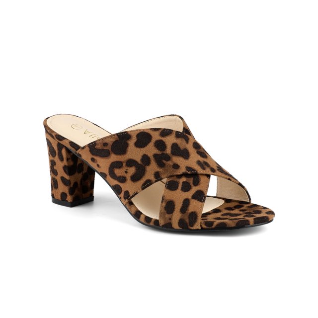 BLISSFUL STEP Sandales pour Femmes à Talons Épais à Brides Croisées Mules à Bout Ouvert Sandales à Enfiler Léopard 6.5