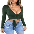 thumbnail image 3 of Womens Wrap Crop Top Deep V-Neck Knot Front Long Sleeve Basic Tee Strappy Blouse, 3 of 6