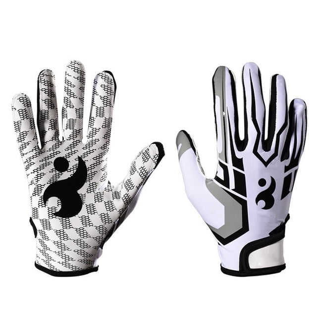 American Football Gloves by Estink, designed for team sports like football and baseball. Made with moderate thickness silicone for high anti-slip properties, featuring a look and hoop adjustable wrist and mesh fingertips for breathability. Displayed in a white and black pattern with bold graphics. Includes two gloves.
