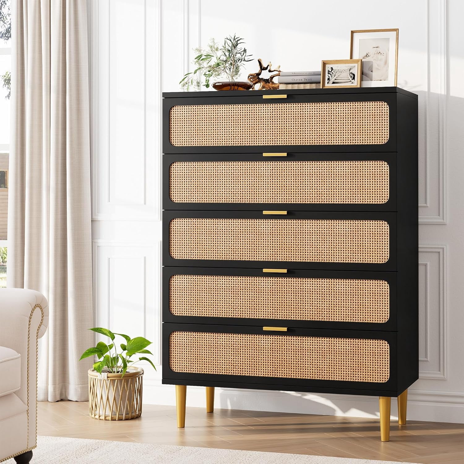 Rattan Dresser with 5 Drawers, Tall Modern Closet with Deep Storage, Large Chest of Drawers with Wide Top, Long Wooden Dresser for Bedroom, Living Room, Hallway, Kids Room, Black
