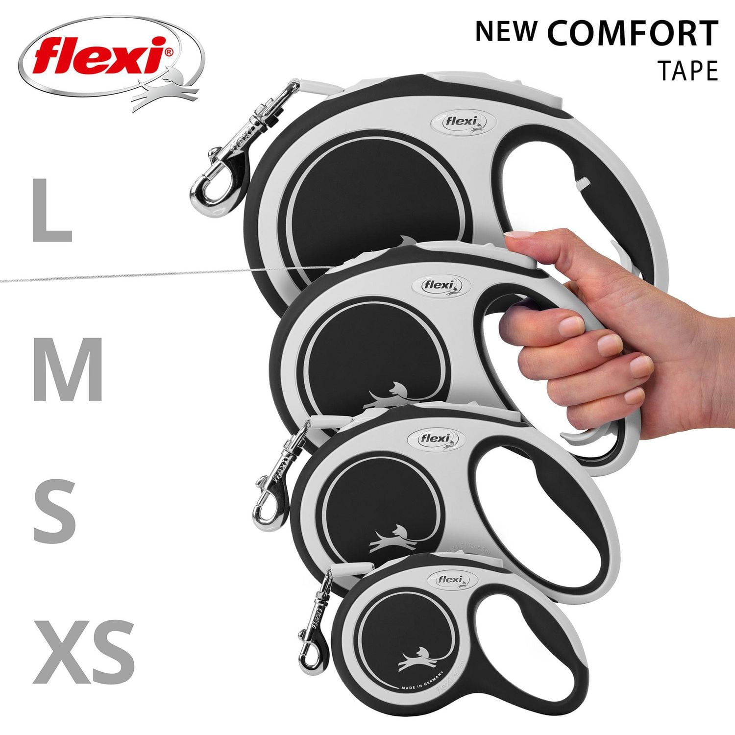 Flexi New Comfort Laisse à Ruban Rétractable pour Grand Chien, Noir, 8m/26 Pieds