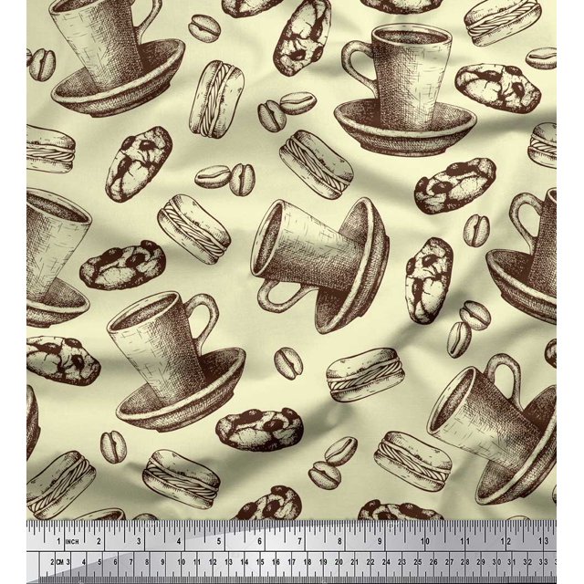 Soimoi Satin Silk Fabric Burger,Cookies & Cups Printed Fabric 1 Yard 42 Inch Wide