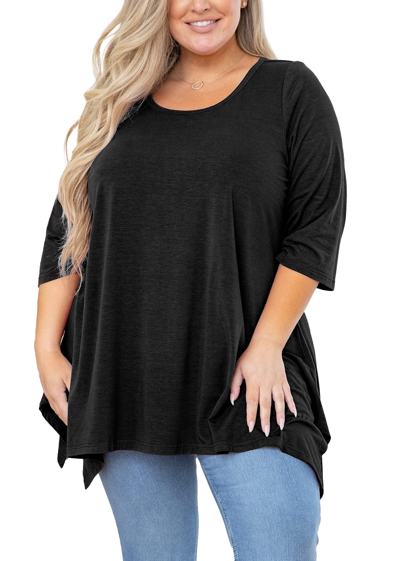 SHOWMALL Hauts Grande Taille pour Femmes Tunique Manches 3/4 Vêtements Noir 5X Blouse Tunique Évasée Vêtements Fendus Col Rond Chemise Fluide pour Leggings