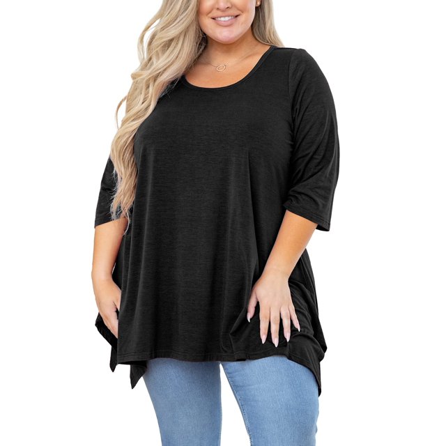 SHOWMALL Hauts Grande Taille pour Femmes Tunique Manches 3/4 Vêtements Noir 5X Blouse Tunique Évasée Vêtements Fendus Col Rond Chemise Fluide pour Leggings