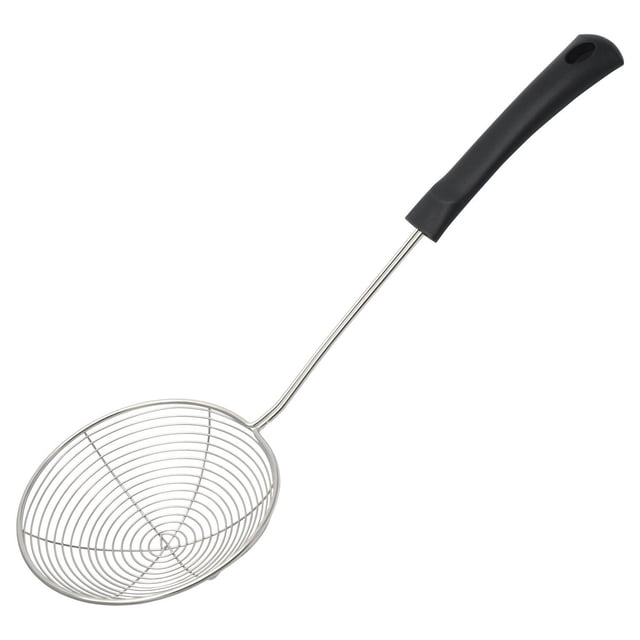 Mainstays Stainless Steel Wire Skimmer 4.5" diameter stainless steel wire head with polypropylene handle shown front-facing; round mesh wires form a shallow bowl for draining, skimming and deep-frying, handle has hanging loop and textured grip, suitable for straining foods and removing fried items, about 11.4 cm.