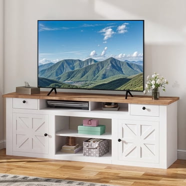 DEXTRUS 70" Farmhouse TV Stand for TVs Up to 80", Entertainment Center with Built-in Power Outlets, Storage Cabinets, Adjustable Shelves & Drawers, Fits 23" Electric Fireplace (Not Included), White