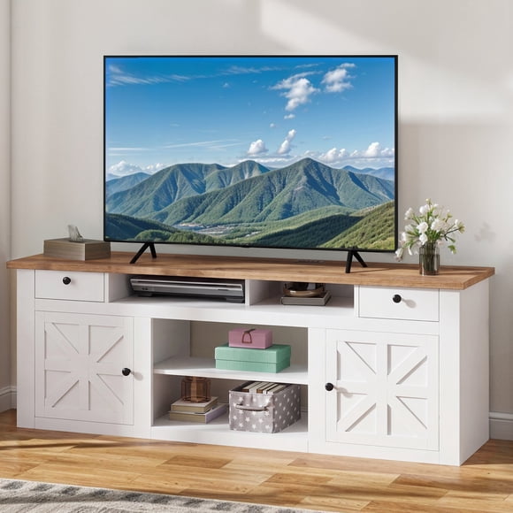 DEXTRUS Meuble Télé Rustique de 70 Pouces pour Téléviseurs jusqu'à 80 Pouces, Centre de Divertissement avec Prises de Courant Intégrées, Armoires de Rangement, Tablettes et Tiroirs Ajustables, Convient au Foyer Électrique de 23 Pouces (Non Inclus), Blanc