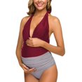 thumbnail image 4 of Maillots de Maternité une Pièce à Rayures, Maillot de Bain à Tour de Cou, Monokini à Col en V Profond, Taille Haute, Rouge (3TG, 4 of 8