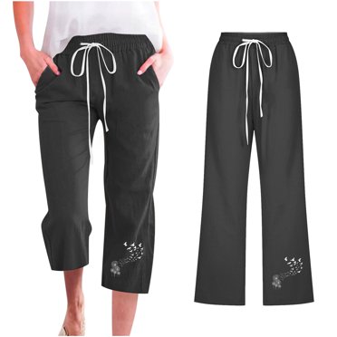 Meichang Pantalons Capris pour Femmes Décontractés d'Été en Coton et Lin, Pantalons à Cordon, Taille Élastique, Jambes Larges, Pantalons Tendance à Imprimé Pissenlit, Pantalons de Détente Légers, Pantalons avec Poches