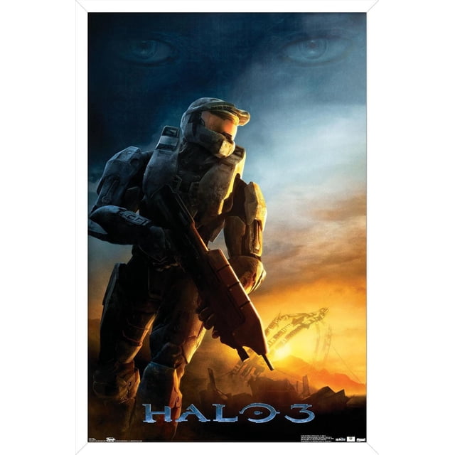 Halo 3 - Affiche Murale de Réveil Représentant un Soldat Blindé Orienté vers l'Avant Tenant un Fusil avec un Ciel au Coucher du Soleil aux Tons orange et Bleu, une structure d'Anneau Futuriste en Arrière-Plan, et de Grands Yeux Légers dans le Noir Arrière-Plan Supérieur, Imprimée sur Papier d'Affiche Lustré Idéale pour la Déco de la Maison.