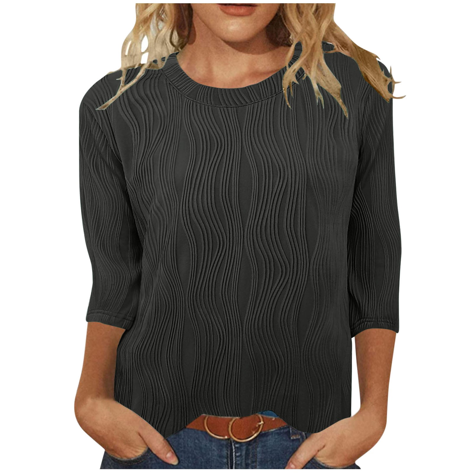 FAIWAD Hauts Texturés pour Femmes Été Chemises à Manches 3/4 Blouse Décontractée à Col Ras du Cou T-Shirts Basiques de Couleur Unie