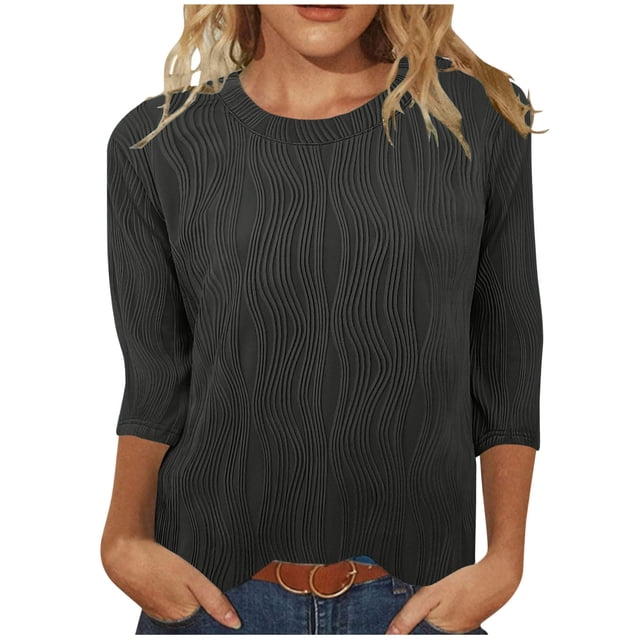 FAIWAD Hauts Texturés pour Femmes Été Chemises à Manches 3/4 Blouse Décontractée à Col Ras du Cou T-Shirts Basiques de Couleur Unie