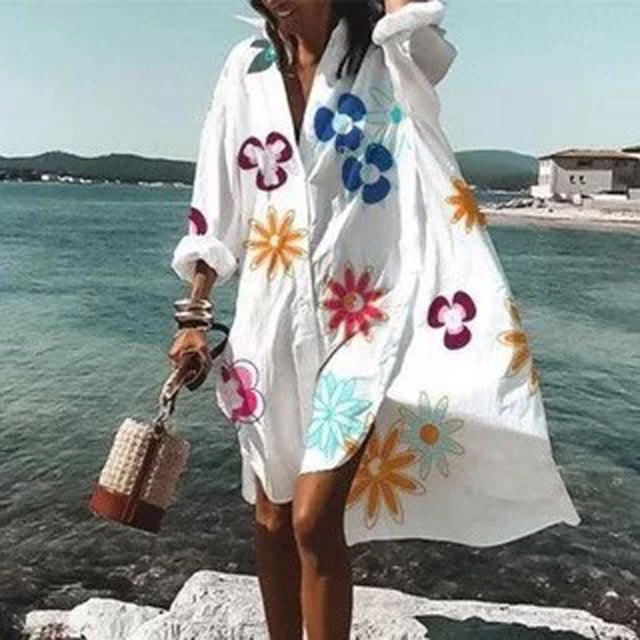 FcBaudy Robe à Manches Longues à Col en V Longueur Cheville, Robes de Printemps pour Femmes, Robes pour Femmes Mode Femmes Col en V Manches Longues Chemise Imprimée Irrégulière Longue Robe Robe Femme