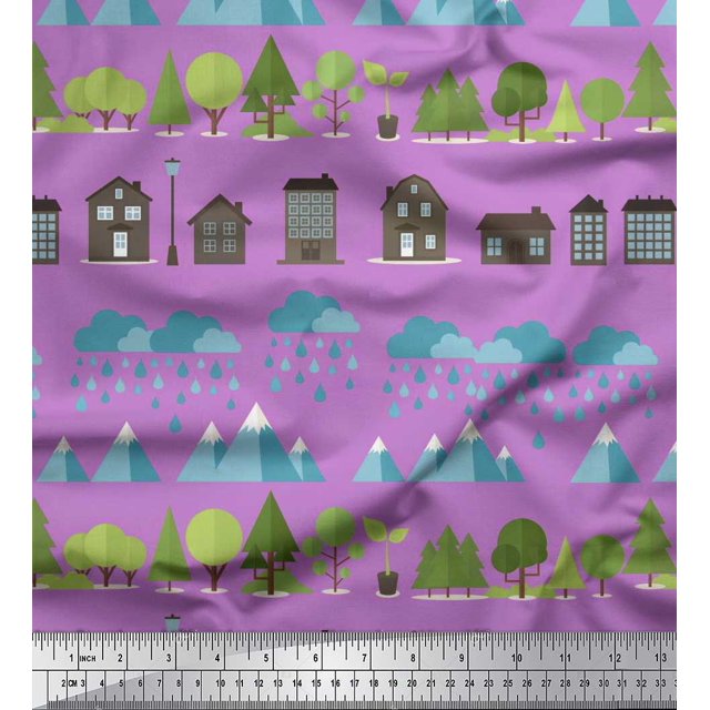 Soimoi Poly Georgette Fabric Tree,House & Raindrop Nature Print Fabric by Yard 42 Inch Wide
