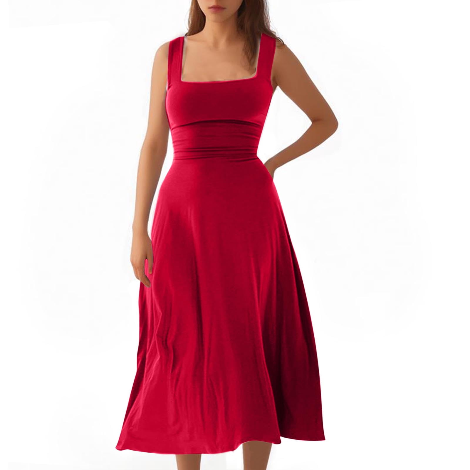 Timegard Robes d'Été pour Femmes à Larges Bretelles, Encolure Carrée, Sans Manches, Couleur Unie, Coupe Ajustée, Décontractée, Confortable