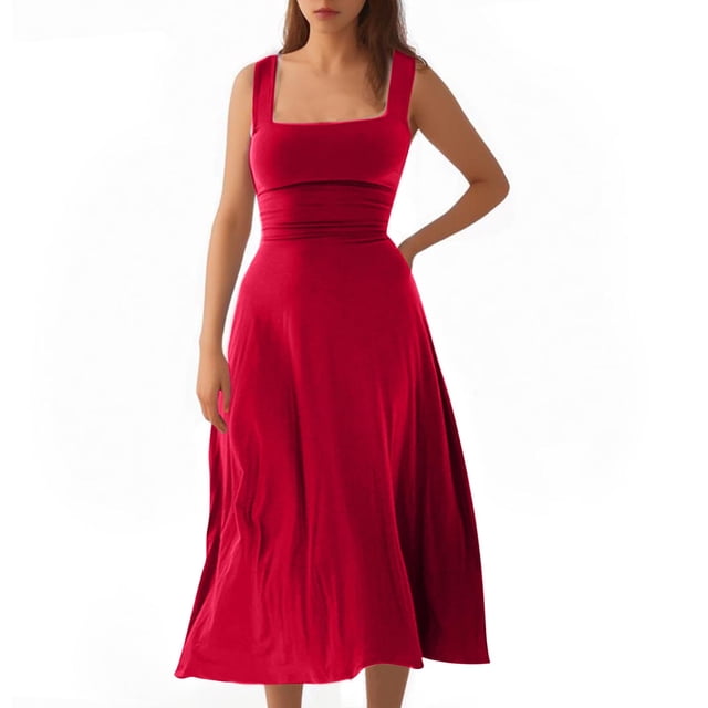 Timegard Robes d'Été pour Femmes à Larges Bretelles, Encolure Carrée, Sans Manches, Couleur Unie, Coupe Ajustée, Décontractée, Confortable