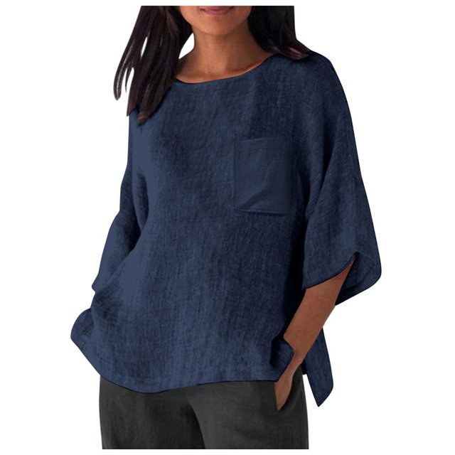 Hauts de Printemps pour Femmes Élégants avec Manches 3/4 et Col Rond en Chemises Unies Confortables pour Femmes Bleu TG