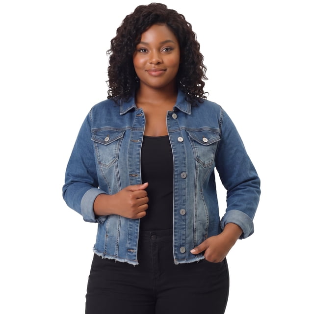 GRACE & GRANDEUR Veste en Denim Effiloché Délavée à Boutons devant pour Femme Grande Taille Bleu 3X