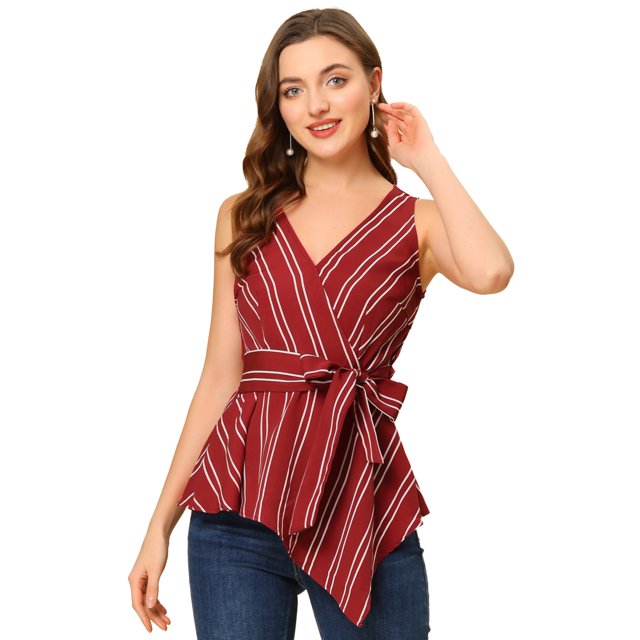 INSPIRE CHIC Hauts d'Été pour Femmes Sans Manches à Encolure en V Portefeuille à Nouer à la Taille TP Rouge