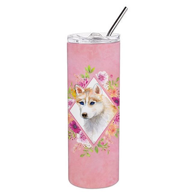 Carolines Treasures CK4148TBL20 Gobelet Mince en Acier Inoxydable à Double Paroi 20 oz Rouge Siberian Husky Fleurs Roses