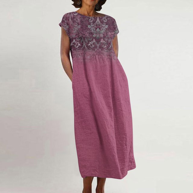 Meichang Robes en Lin pour Femmes 2024 Rétro à Imprimé Floral Coupe Ample Robes Midi Manches Courtes Col Rond Robes d'Été Décontractées Évasées Légères Confortables Longues Robes de Travail Rose Vif TTTG