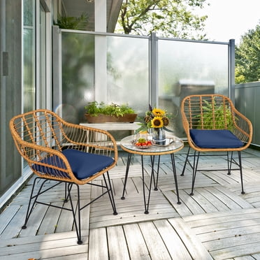 Costway Ensemble Bistro de Patio en Rotin 3 Pcs Chaise et Table Coussinées Bleu Marine