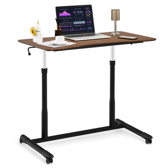 Giantex Mobile Height Adjustable Standing Desk, Compact Pneumatic Sit to Stand Computer Desk w/ Lockable Casters, Ergonomic Rolling Laptop Table for Home Office, Espresso
