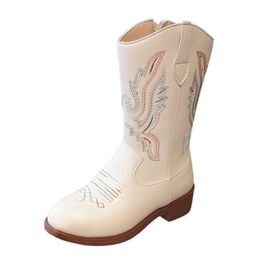 Zshosam Toddler Girl Cowgirl Boots Girls Lace Up Riding Boots Mid Calf Combat Boots Leather Side Zipper Boot Non Slip Girls Booties Size 3.5,(Beige Big Kids 3.5)