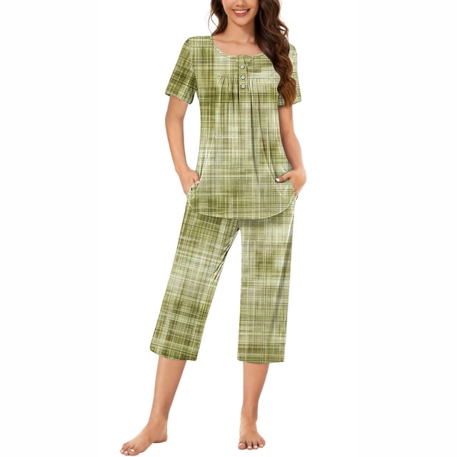 Rbaofujie Robes de Nuit et Vêtements de Sommeil pour Femmes, Col Rond, Imprimé, Manches Courtes, Ensemble Chemise de Nuit et Pantalon, Tenue d'Intérieur, Pyjamas avec Poches, Chemises de Nuit pour Femmes Grande Taille